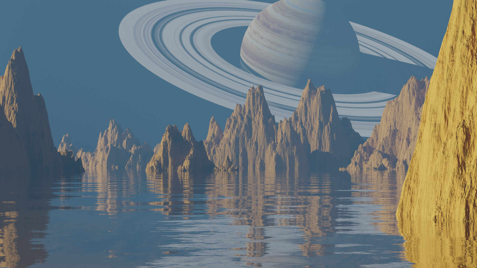 Sharp rocky mountains emerge from a lake. A gas giant with rings takes up most of the sky